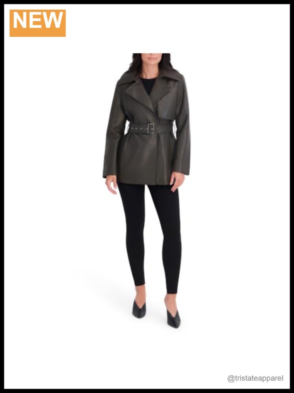 Faux Leather Belted Trench Coat with Snap Closure - Women's